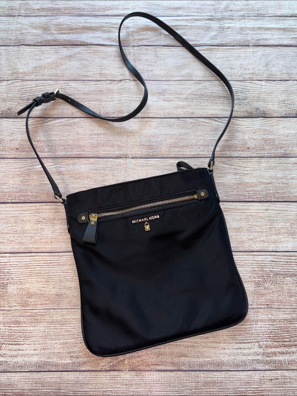 Michael Kors Black Nylon Crossbody Messenger Bag with Gold Hardware